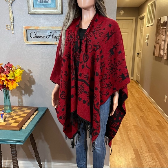 Sweaters - Reversible red black reindeer heart fringe shawl